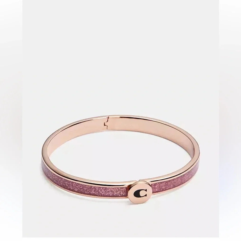 Coach Rose Gold-Tone Pink Glitter Logo Bangle Bracelet